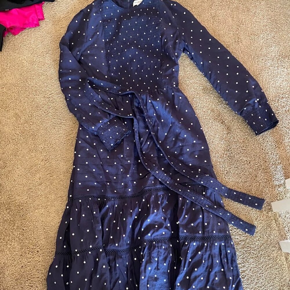 navy polka dot belted midi dress